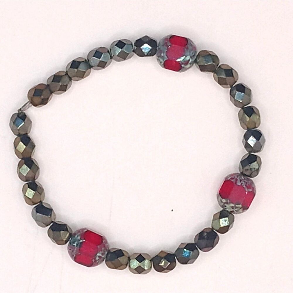 Fancy Red Crystal and Bronze Metallic Color Faceted Beaded Vintage Bracelet